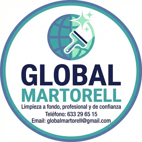 Global Martorell cleaning service logo with globe icon, contact phone number 633 29 65 15 and email globalmartorell@gmail.com